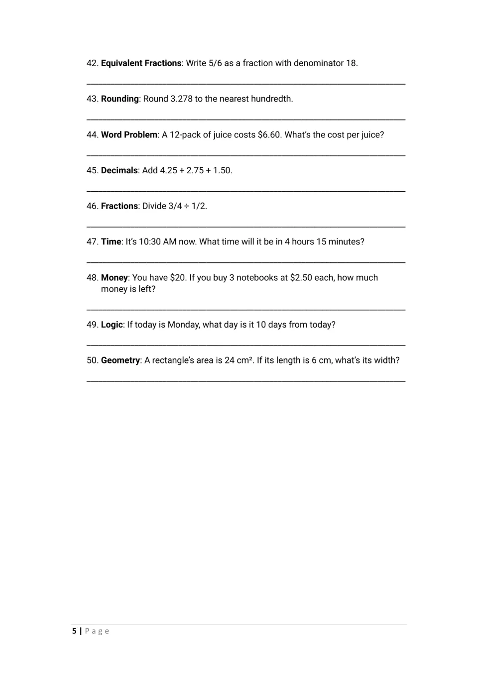 Final questions 42-50: equivalent fractions, rounding to hundredths, unit cost, dividing fractions, elapsed time and logic