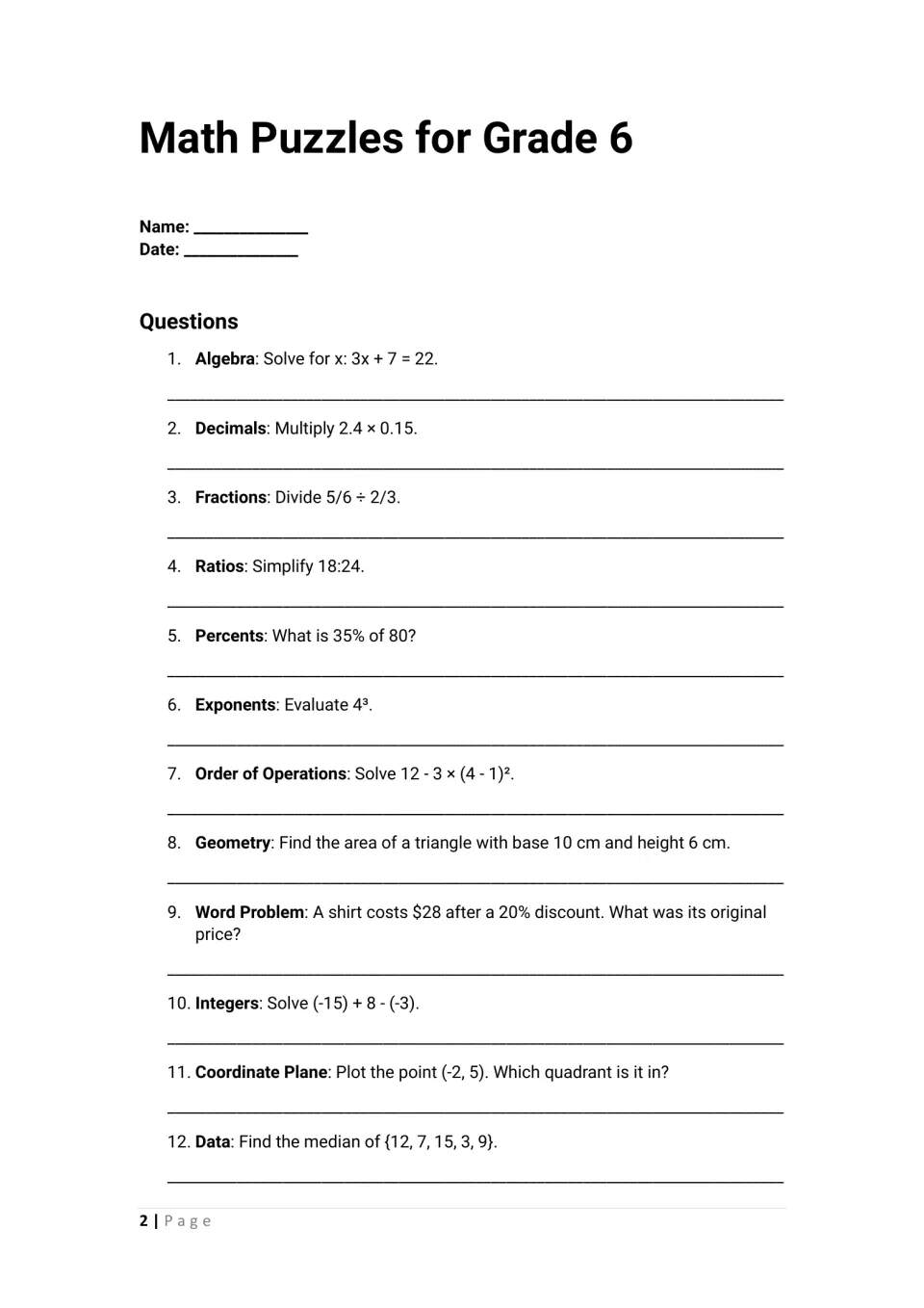 Mixed math review, puzzles 1-12: students solve equations, decimals, fractions, ratios, percents, exponents and a median