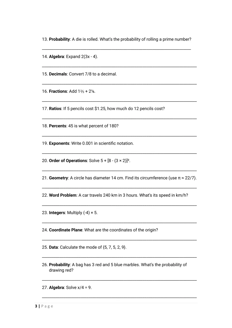 Puzzles 13-27: students find probability, expand 2(3x - 4), add mixed numbers, write scientific notation and find a mode