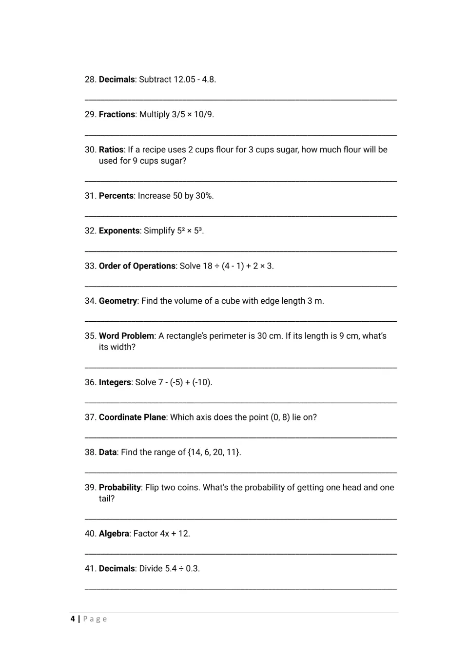 Puzzles 28-41: students subtract decimals, scale a recipe ratio, find a cube's volume, locate (0, 8) on an axis and factor