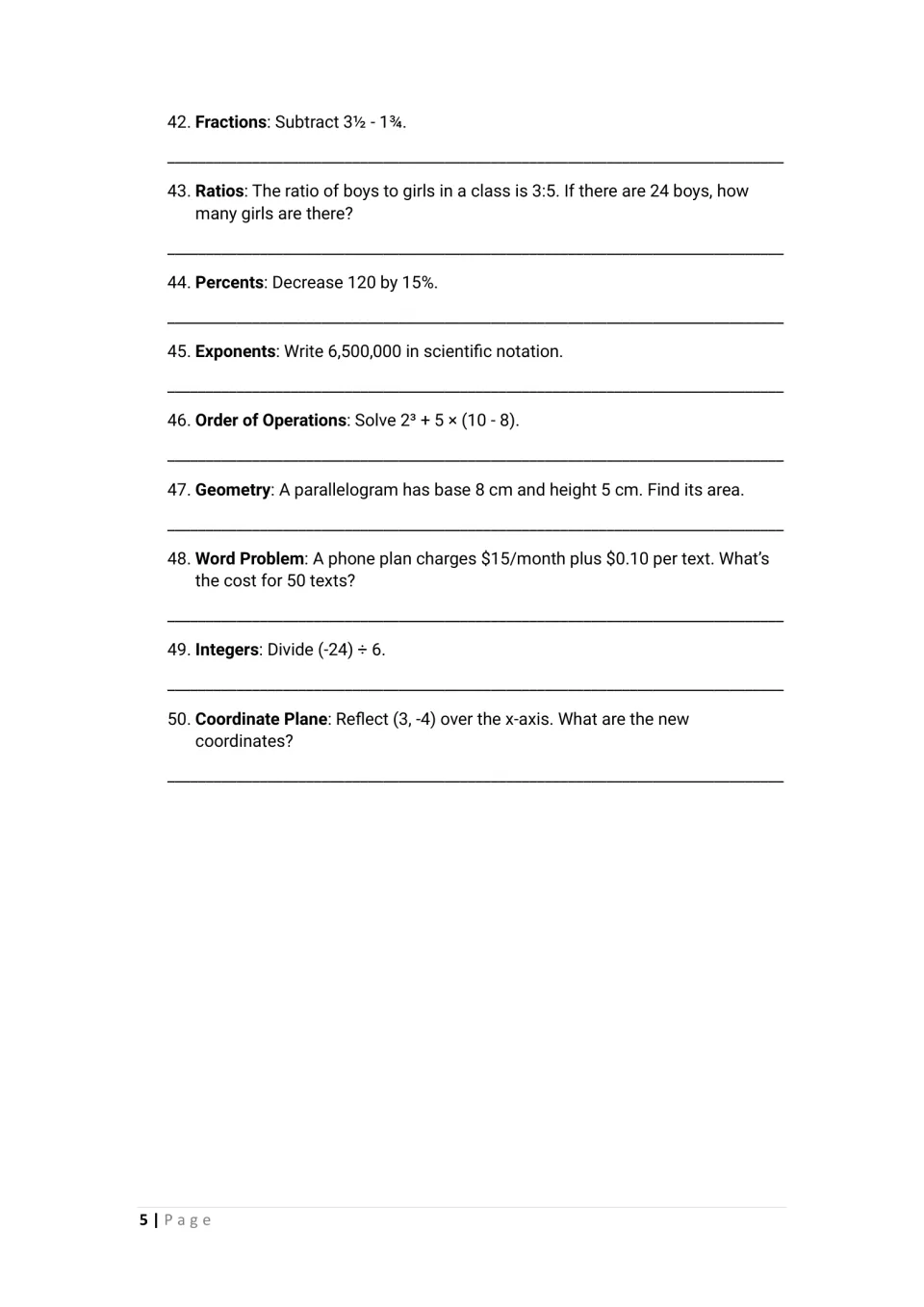 Puzzles 42-50: students subtract mixed numbers, decrease 120 by 15%, find parallelogram area and reflect (3, -4) over x-axis