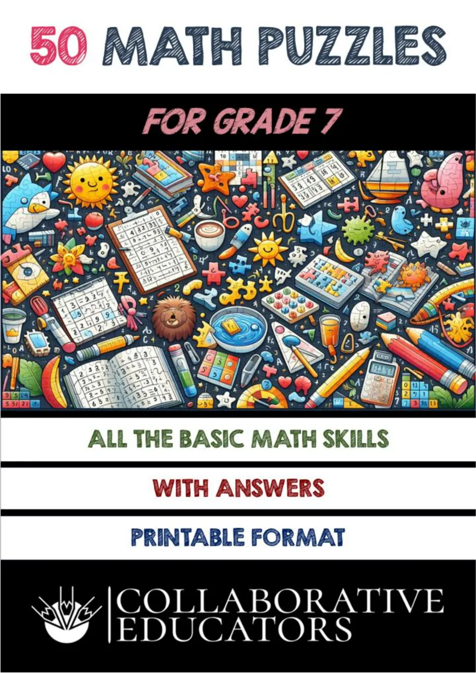 Cover of 50 Math Puzzles for Grade 7 from Collaborative Educators: basic math skills, with answers, printable format