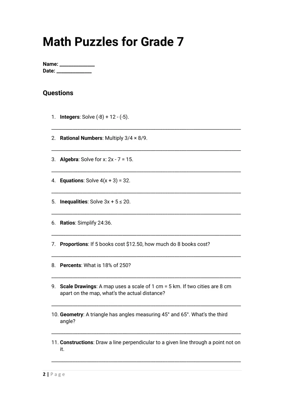 Mixed math review questions 1-11: students solve integer, fraction, equation, inequality, ratio, percent and angle problems