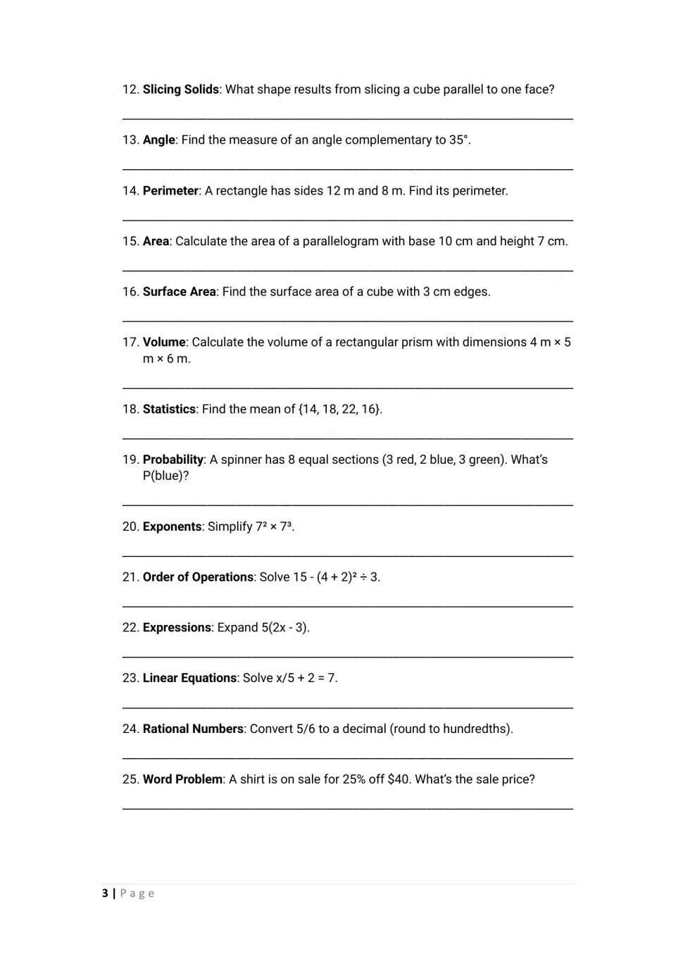 Geometry and statistics questions 12-25: students find area, surface area, volume, mean and probability, then solve equations