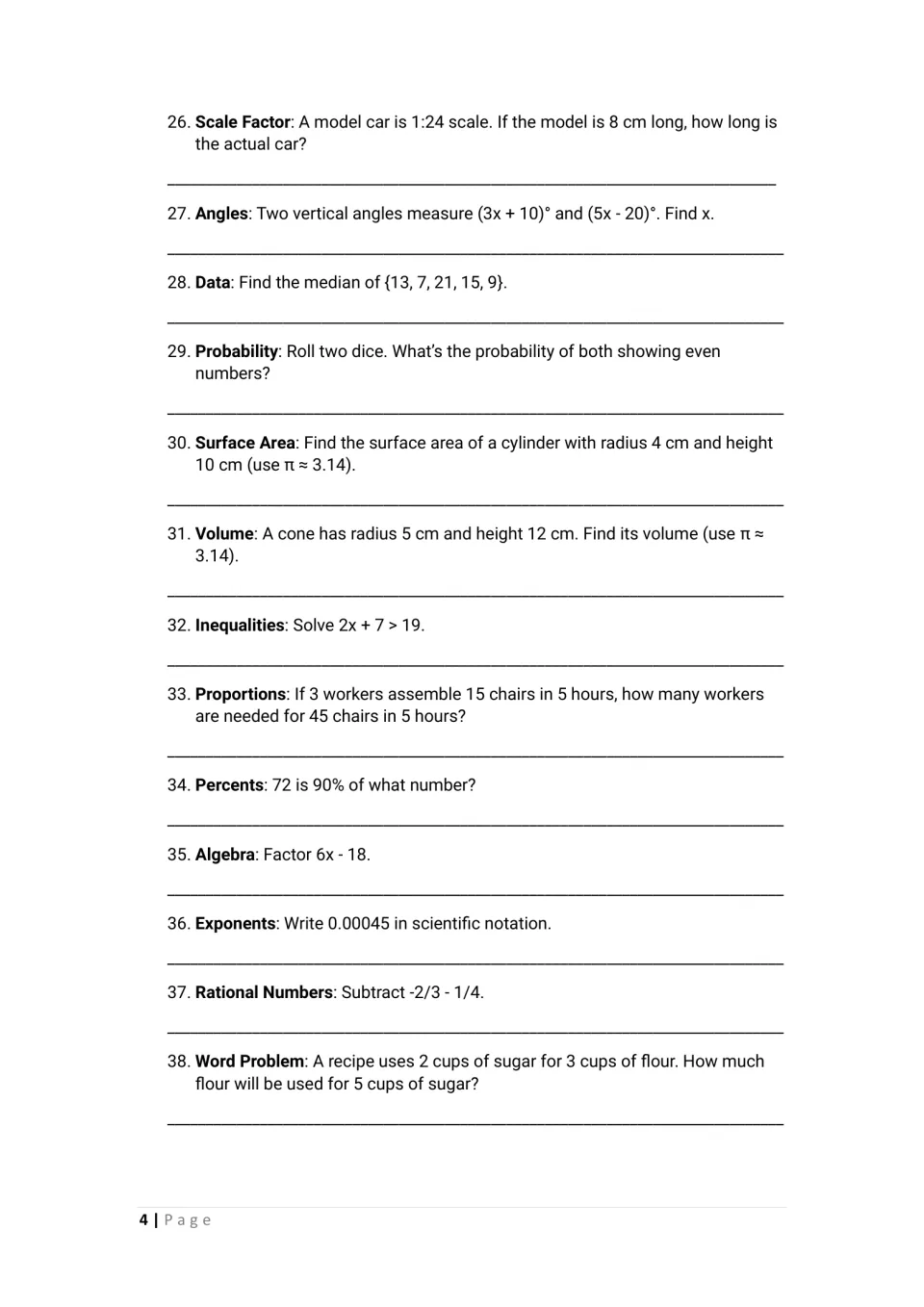 Questions 26-38: students solve scale factor, vertical angle, median, cylinder, cone, inequality and percent problems