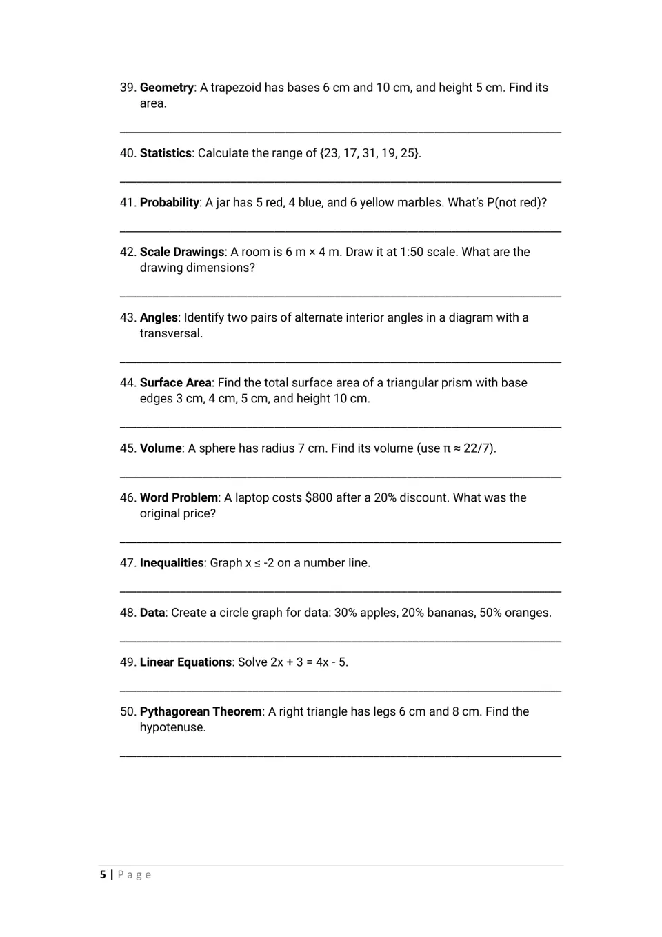 Questions 39-50: students find trapezoid area, range and sphere volume, graph an inequality and use the Pythagorean theorem