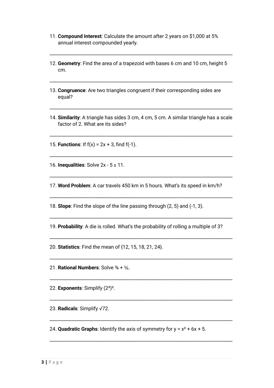 Questions 11-24: students work compound interest, trapezoid area, slope, probability, mean, radicals and exponents