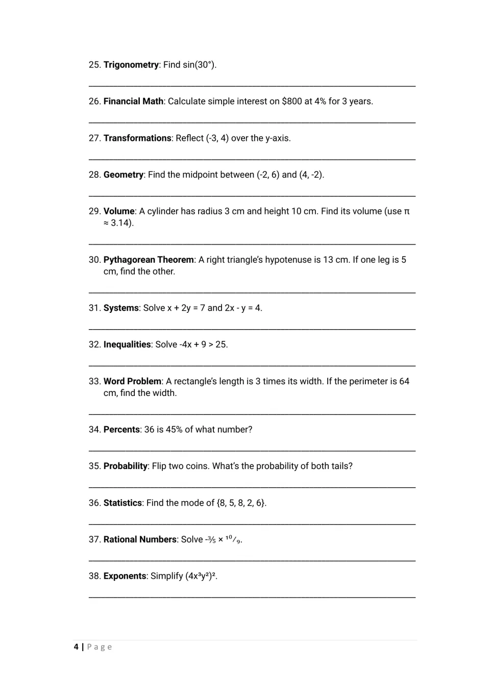 Questions 25-38: students find sin 30°, simple interest, reflections, cylinder volume, mode and solve inequalities