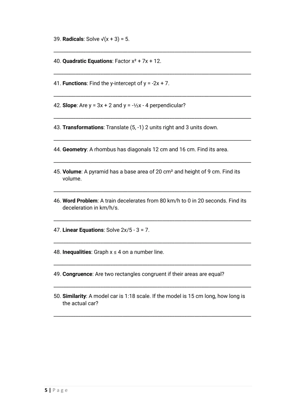 Questions 39-50: students factor quadratics, test perpendicular slopes, find rhombus area and scale a model car