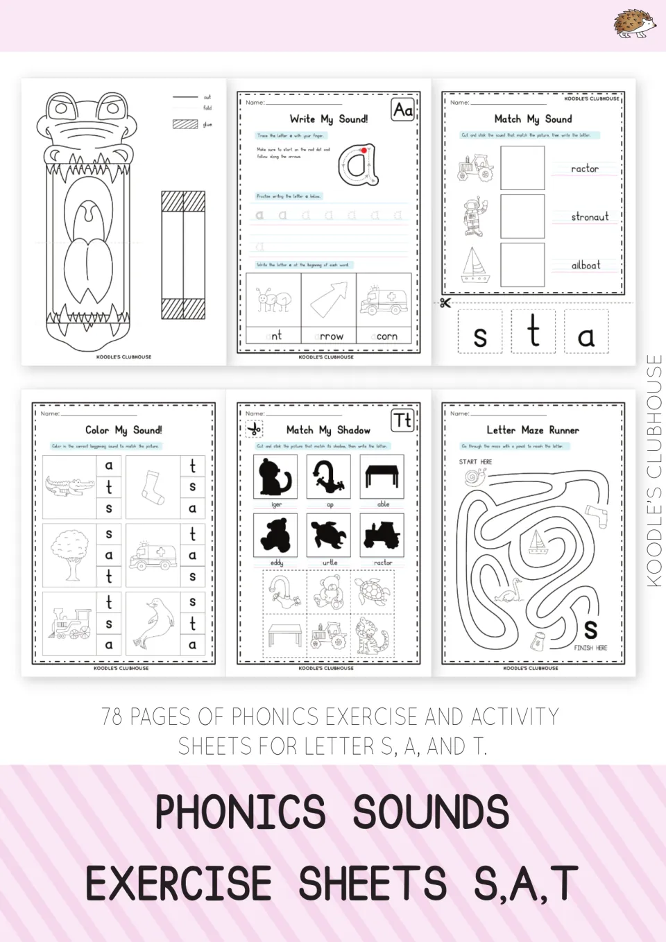 Cover of the S, A, and T phonics packet showing samples of tracing, matching, coloring, crafts, and mazes