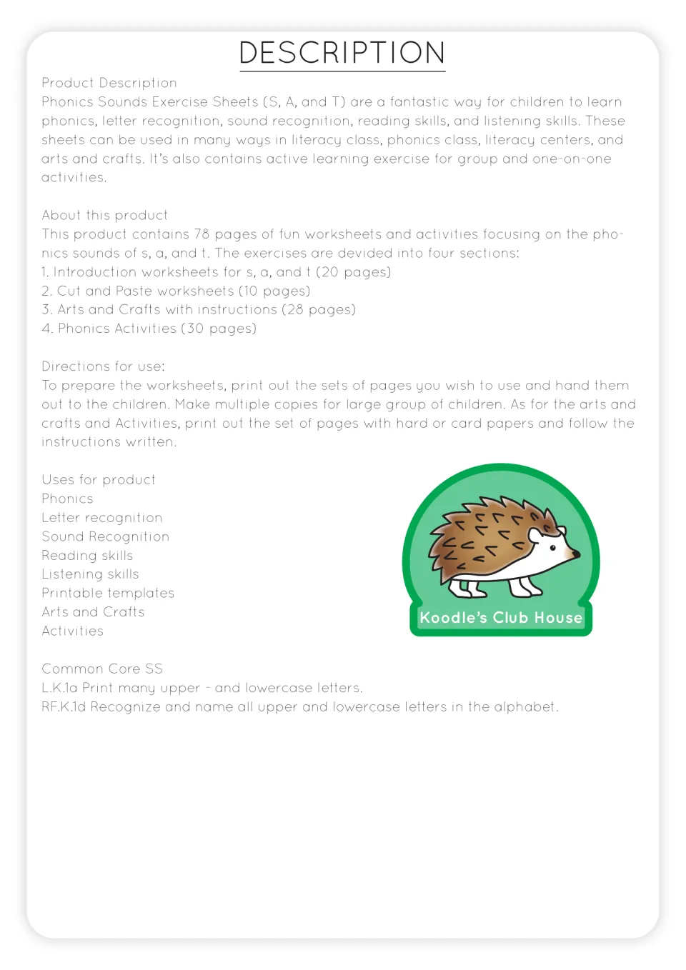 Phonics packet overview describing four sections, printing directions, classroom uses, and letter standards