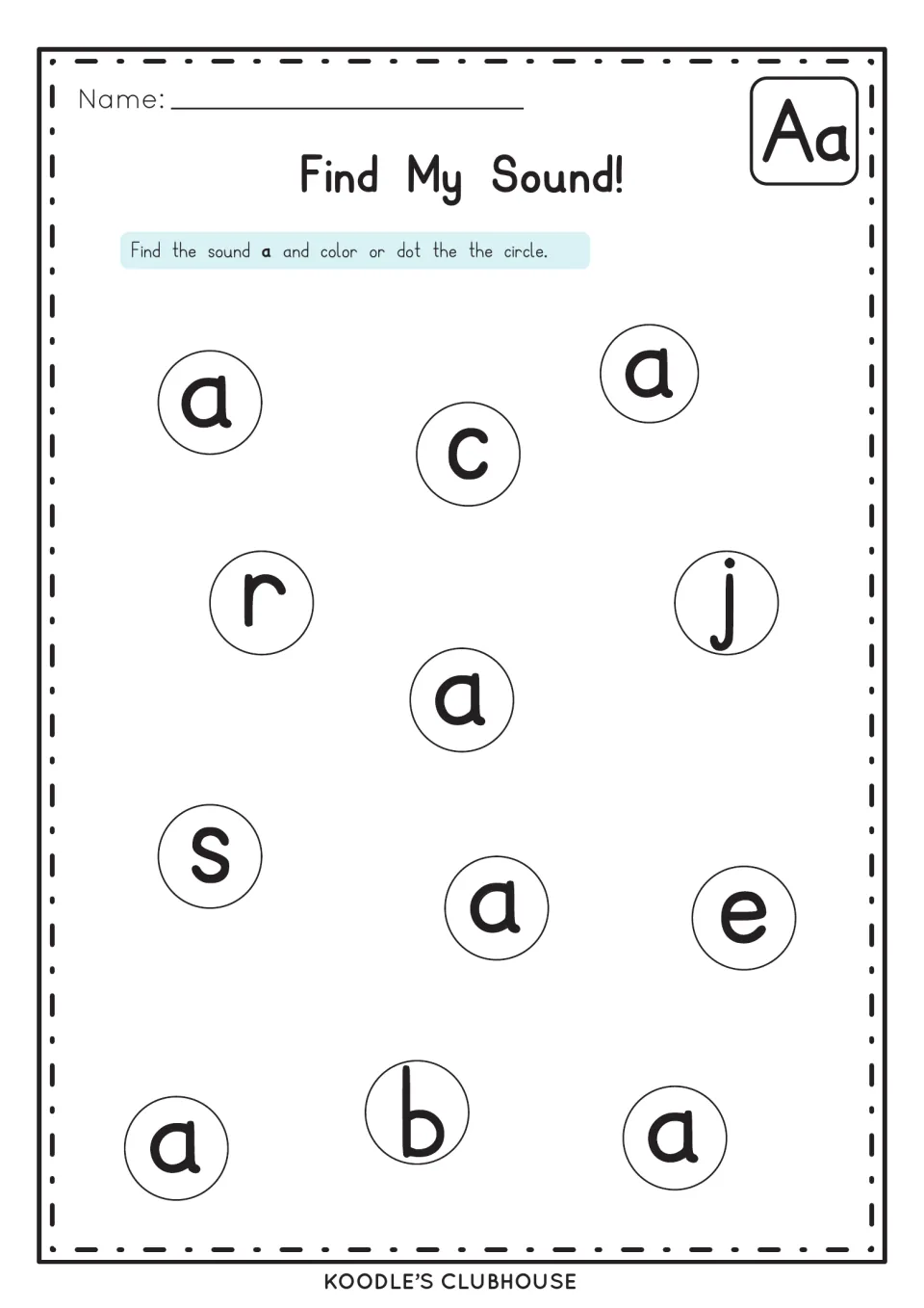 Find My Sound letter A practice asks students to find six lowercase a letters and color or dot them