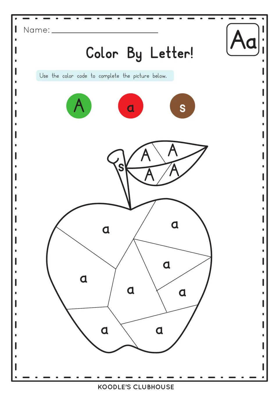 Color By Letter A practice uses an apple picture coded green for A, red for a, and brown for s