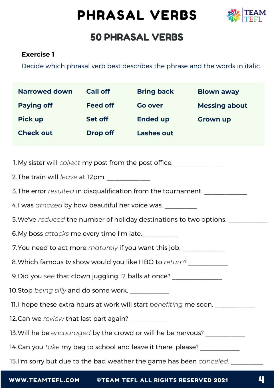 Exercise 1, vocabulary in context: students replace the italic word in 15 sentences with a phrasal verb from a word bank