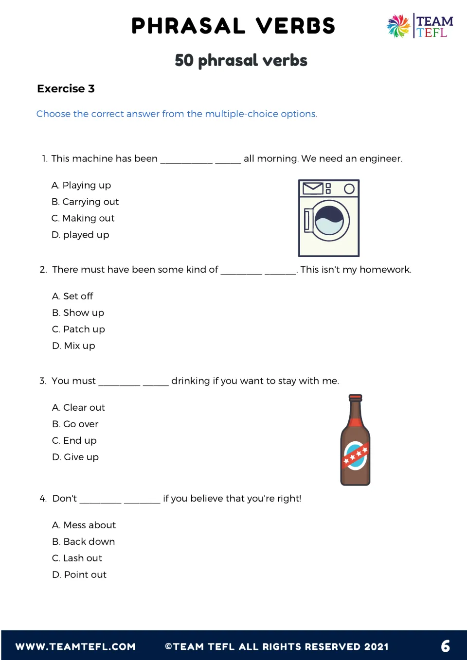 Exercise 3, multiple choice: students pick the phrasal verb for items 1 to 4; options include mix up and give up