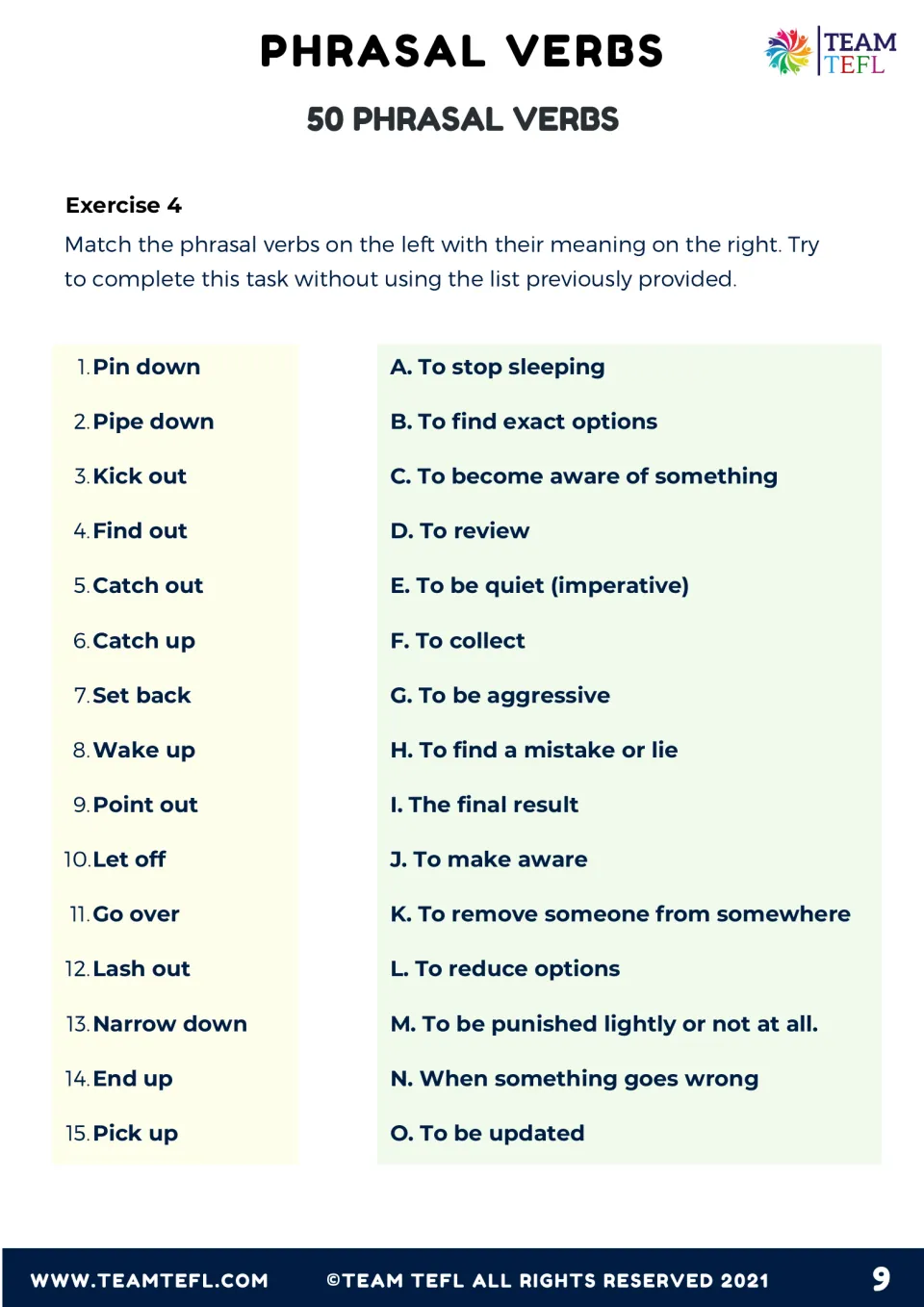 Exercise 4, matching: students link 15 phrasal verbs like pin down and lash out to their meanings without the list