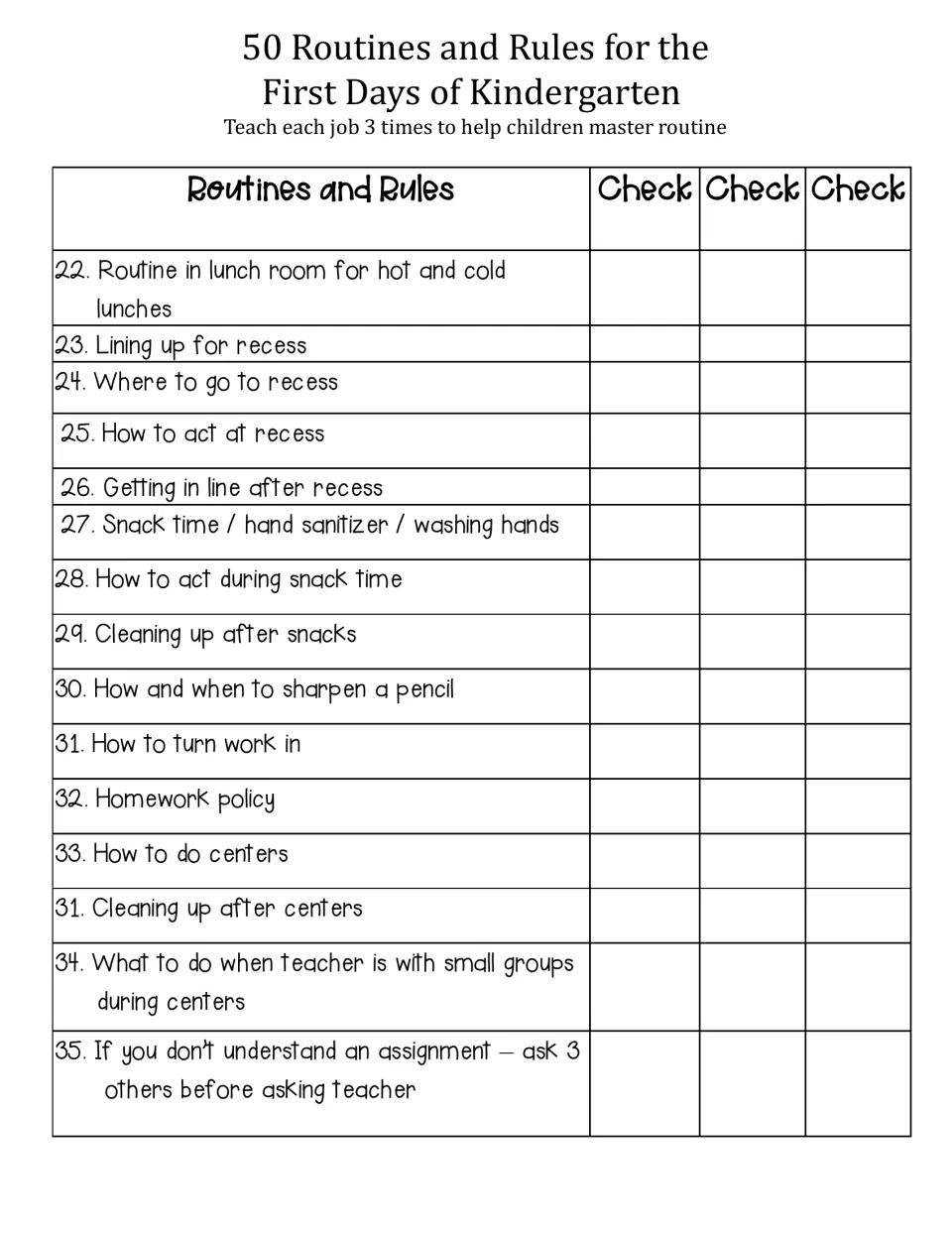 Routines checklist items 22-35: lunch room, recess, snack time, pencil sharpening, centers and ask 3 before the teacher