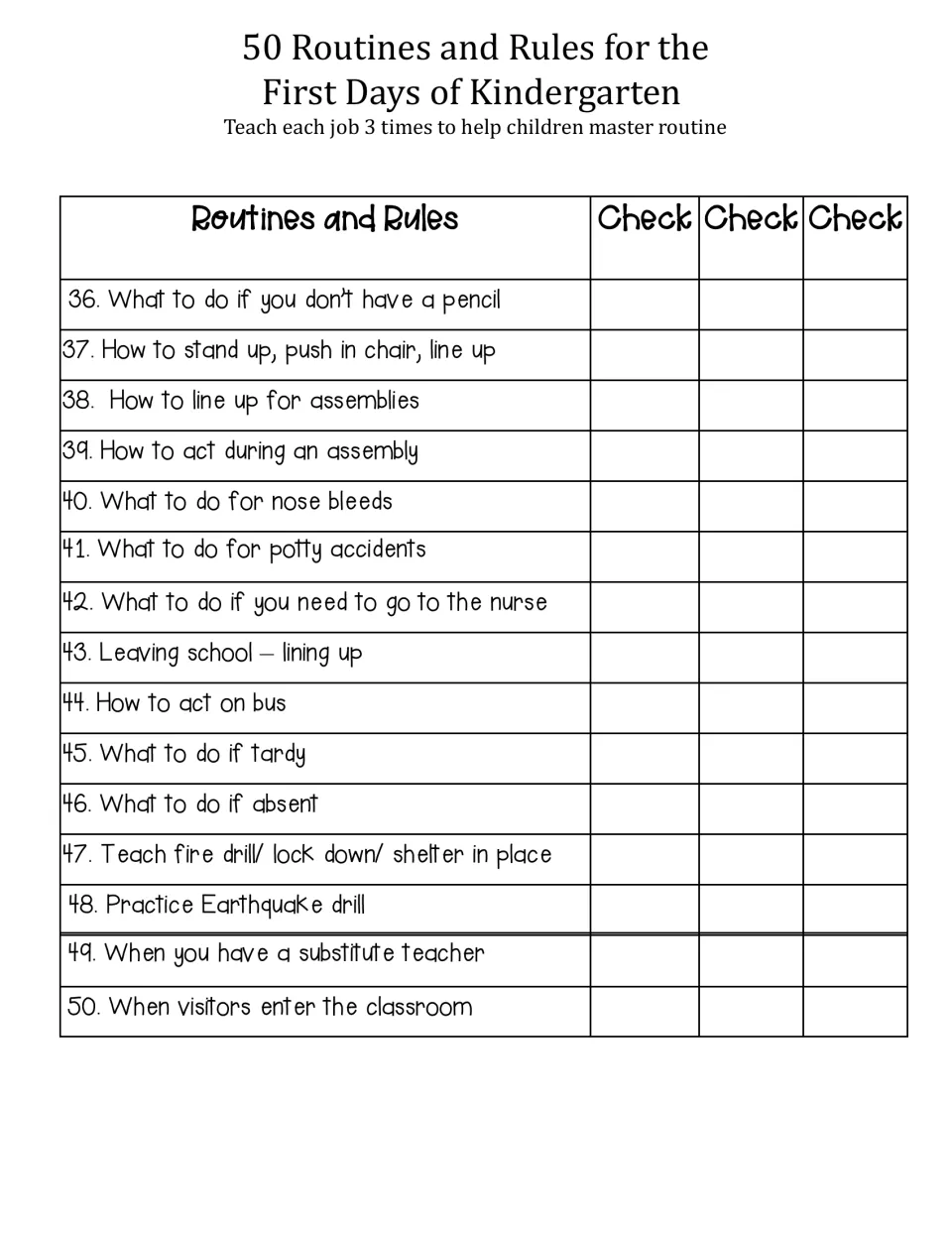 Routines checklist items 36-50: assemblies, nose bleeds, nurse visits, tardies, fire and earthquake drills, substitutes