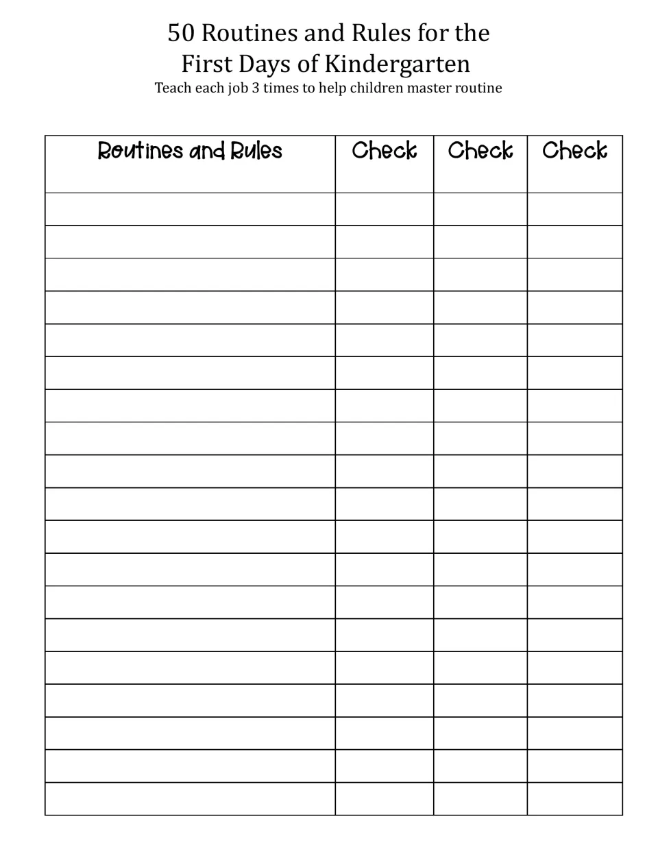 Blank kindergarten routines and rules checklist for teachers to add their own routines and check each one off three times