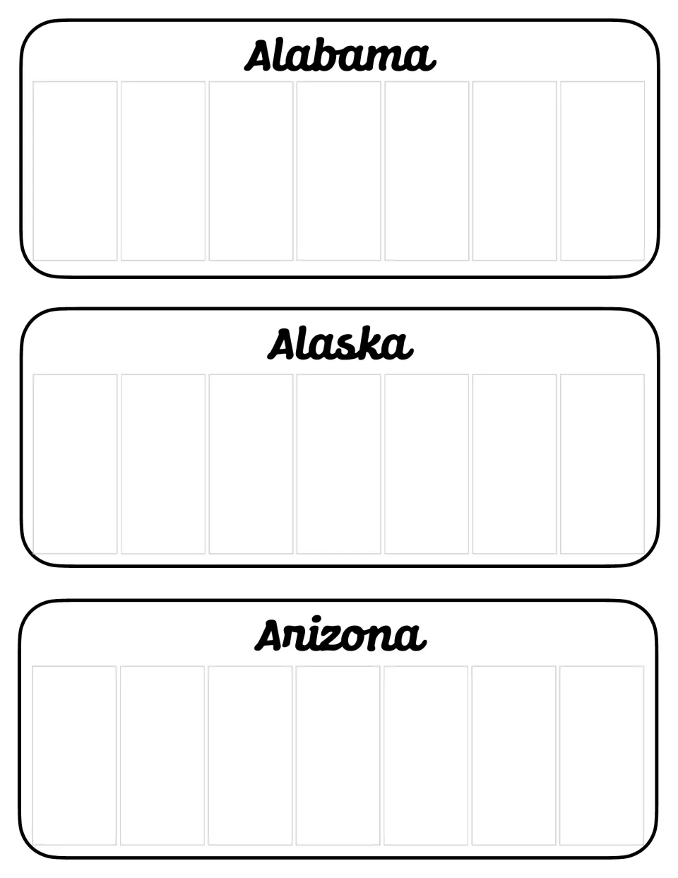 Alabama, Alaska and Arizona: three blank license plate templates, each with seven spaces for letters or numbers