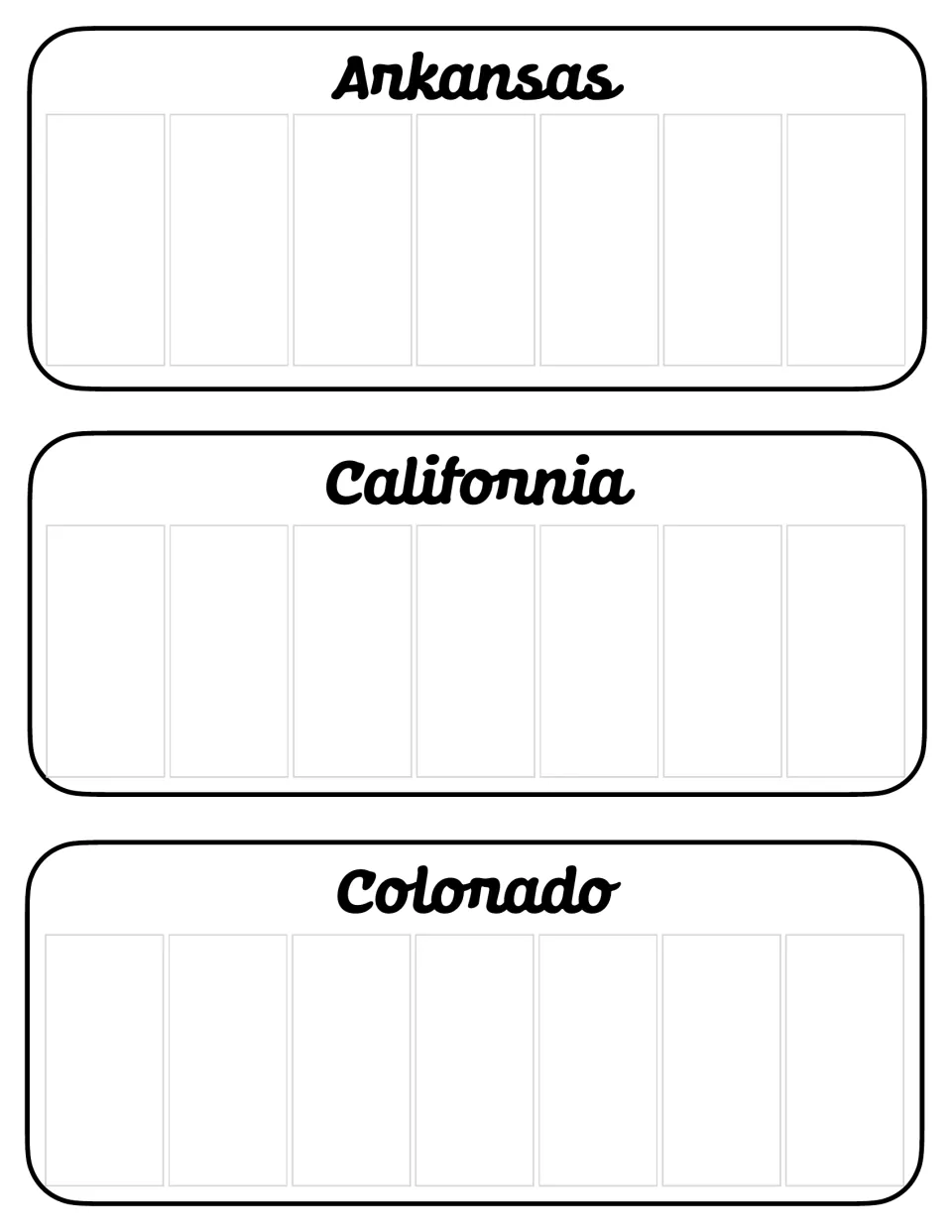 Arkansas, California and Colorado license plates, each left blank with seven spaces to fill in letters and digits
