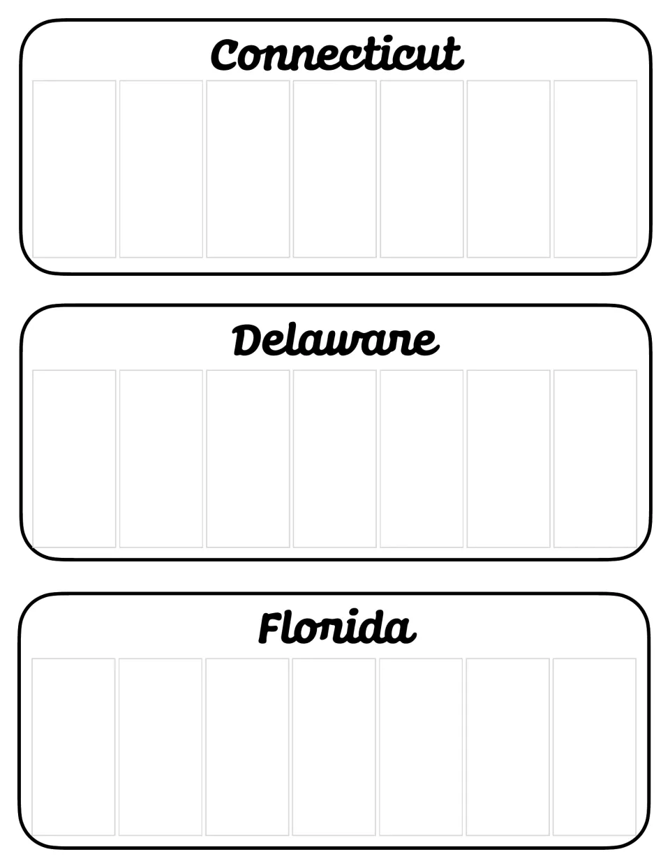 Connecticut, Delaware and Florida plate templates: students fill seven blank spaces per state with letters or numbers