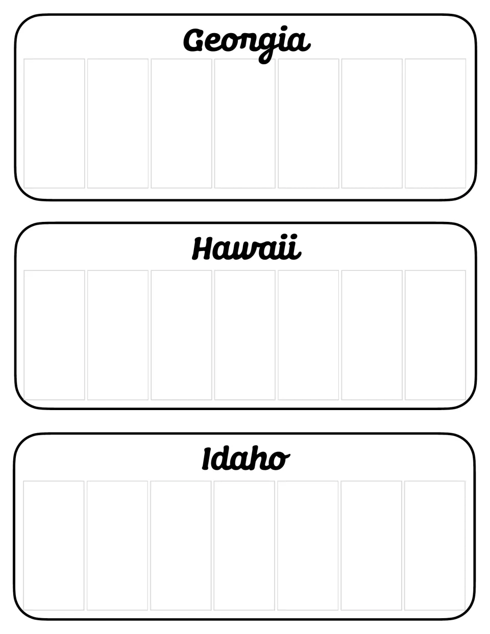 Georgia, Hawaii and Idaho license plates to complete, each labeled in script with seven empty character spaces
