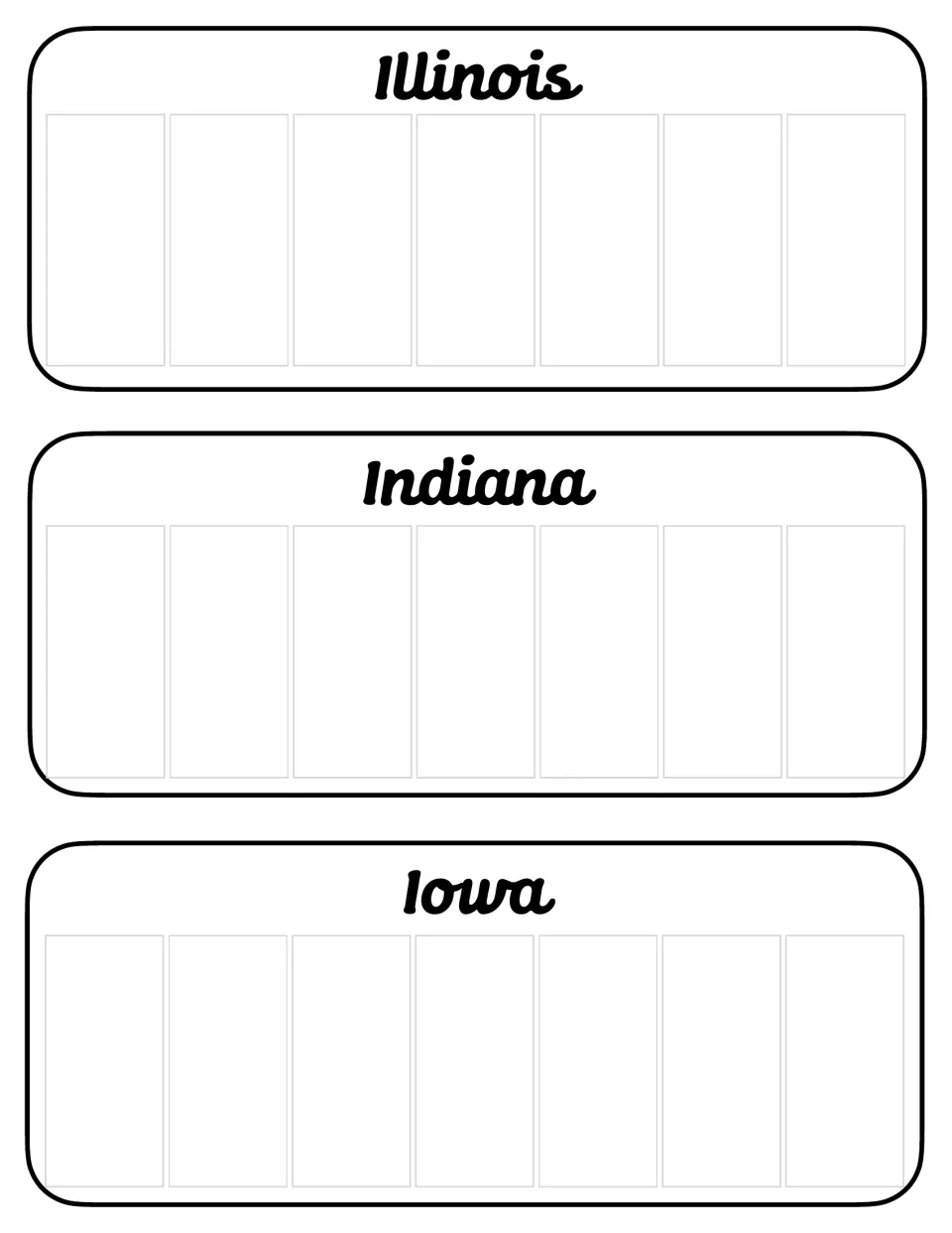 Illinois, Indiana and Iowa blank license plates: seven open spaces under each state name for a made-up code