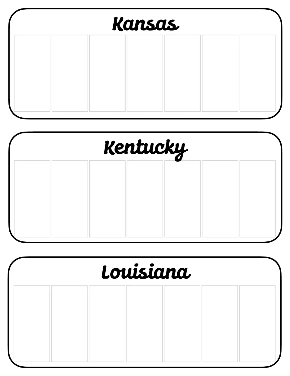Kansas, Kentucky and Louisiana license plate templates with seven blank spaces each for writing letters and numbers