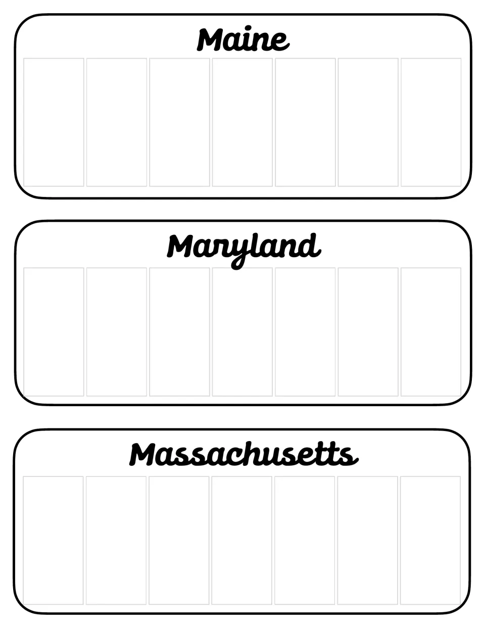 Maine, Maryland and Massachusetts plates to design: each state name sits above seven blank spaces for characters