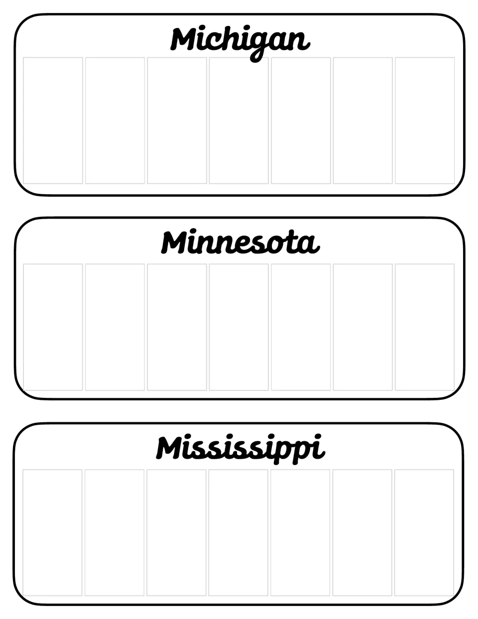 Michigan, Minnesota and Mississippi license plates, left blank for students to write seven letters or numbers on each