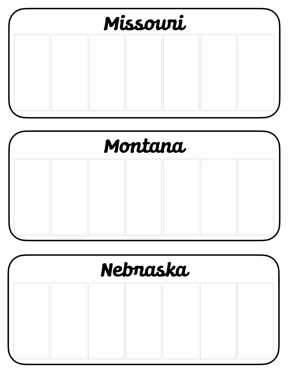 Missouri, Montana and Nebraska: blank license plate templates with seven spaces each to fill in a letter-number code