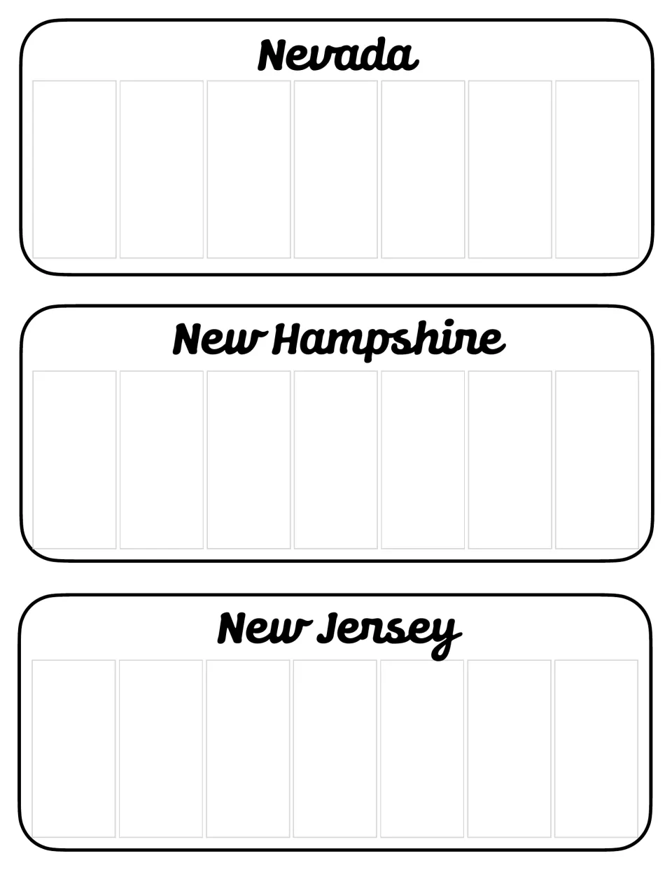 Nevada, New Hampshire and New Jersey plates: seven blank spaces under each state name for writing a license code