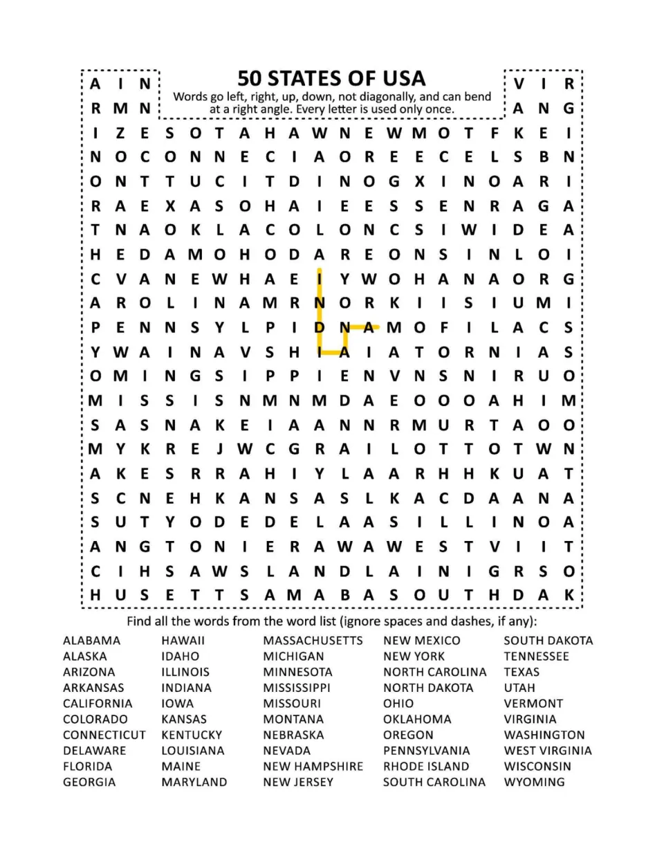 50 States of USA word search: students find all 50 state names running across, up, down or bending at right angles