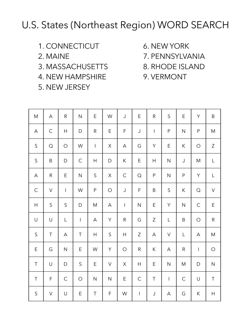 Northeast region word search featuring nine states, including Connecticut, Maine, Massachusetts and Vermont