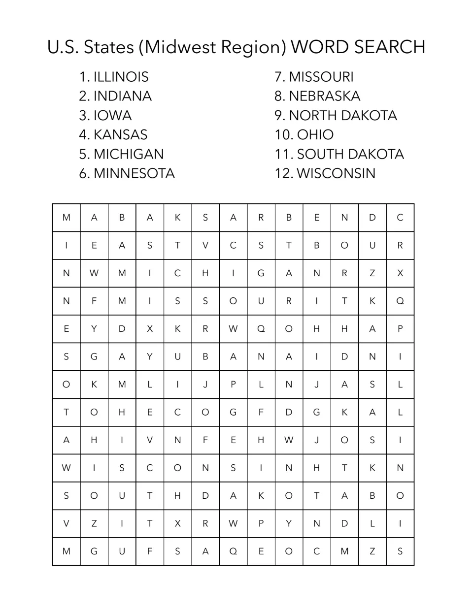 Midwest region word search featuring 12 states, including Illinois, Indiana, Iowa, Kansas and Michigan