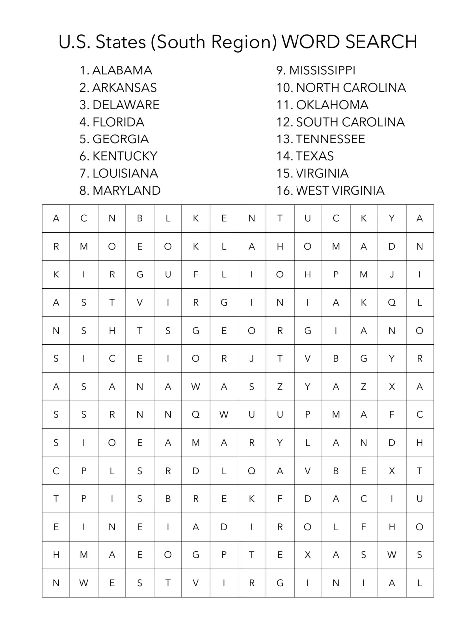 South region word search featuring 16 states, including Alabama, Arkansas, Delaware, Florida and Georgia