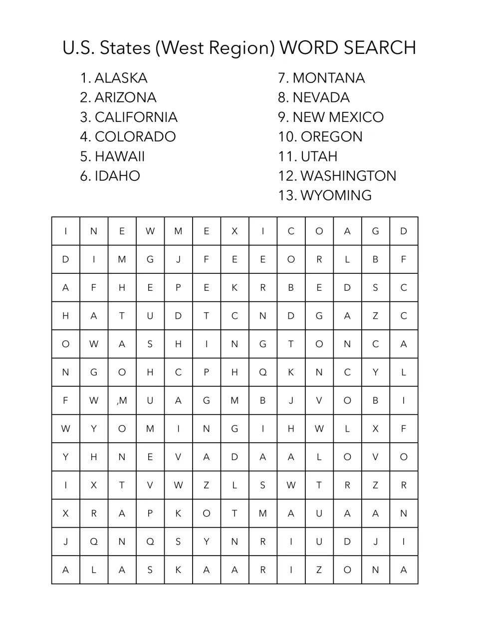 West region word search featuring 13 states, including Alaska, Arizona, California, Colorado and Hawaii