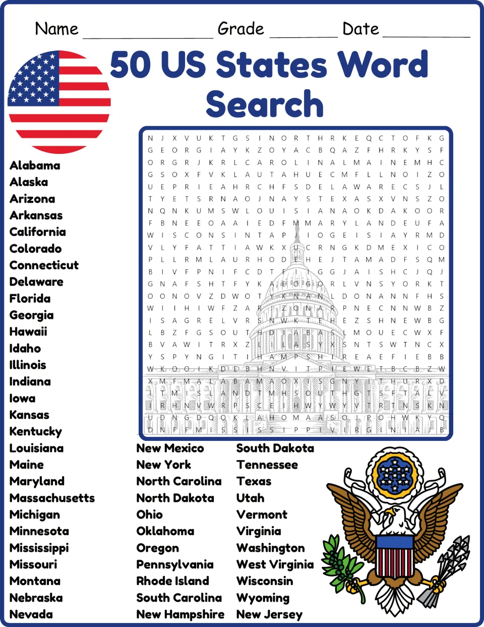 US states word search in color: students find all 50 state names, Alabama to Wyoming, hidden in a letter puzzle