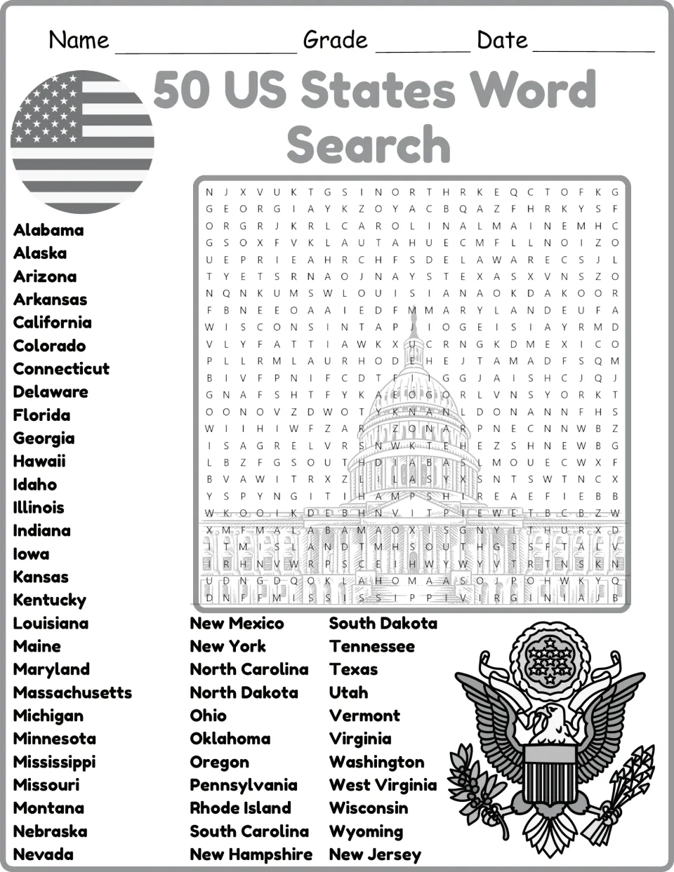 Black-and-white states puzzle: students search for and circle the 50 state names, Alabama through Wyoming