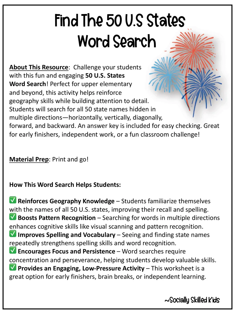 Cover and overview for Find The 50 U.S States Word Search: 50 state names hidden in all directions, answer key included