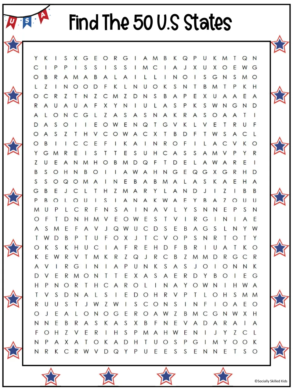 Word search of U.S. states: students find all 50 state names hidden across, down, diagonally and backward in the letters