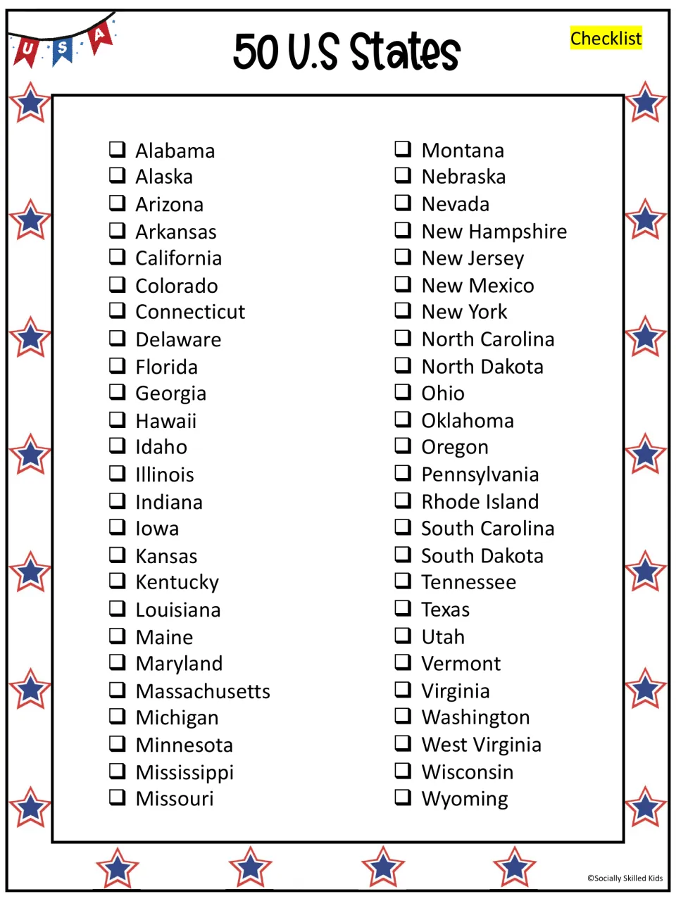 State name checklist: all 50 U.S. states from Alabama to Wyoming listed alphabetically for students to tick off as found