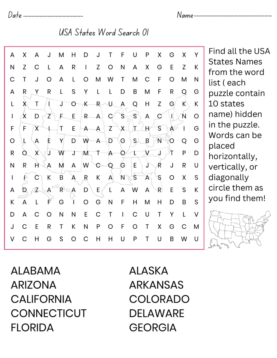 USA States Word Search 01: students find and circle 10 state names, Alabama to Georgia, hidden in a letter grid
