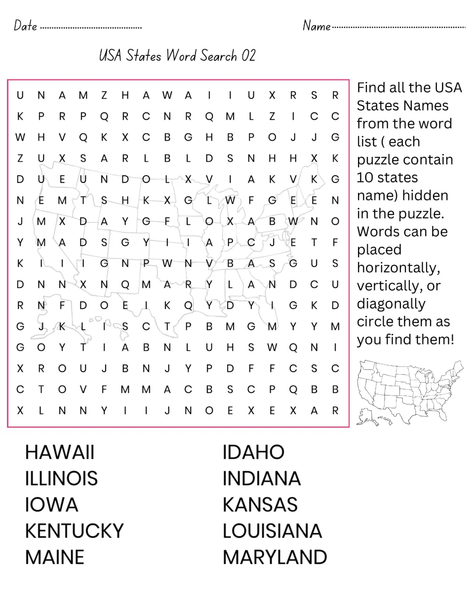 USA States Word Search 02: students circle 10 hidden state names from Hawaii and Idaho through Louisiana and Maryland