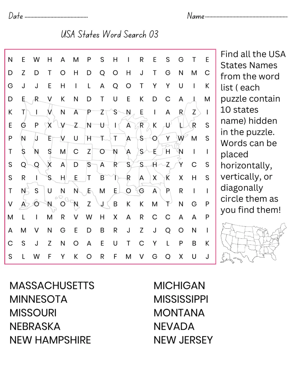USA States Word Search 03: students find 10 state names from Massachusetts through New Hampshire and New Jersey