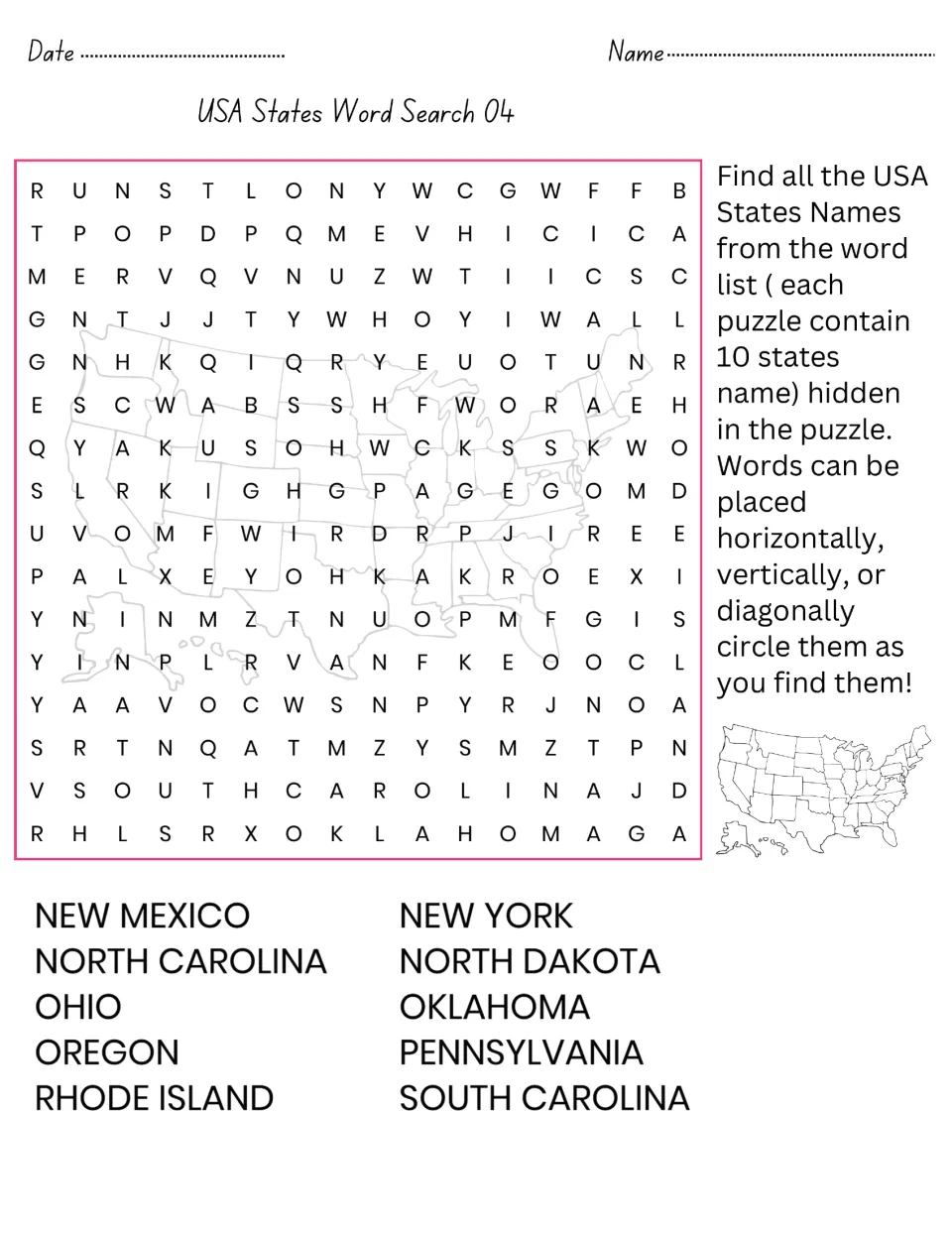USA States Word Search 04: students circle 10 hidden states from New Mexico and New York to Rhode Island and South Carolina