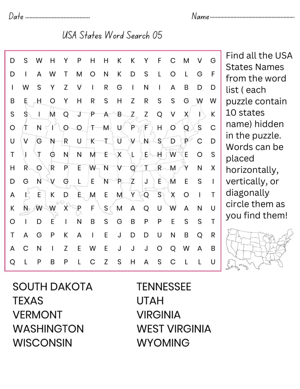 USA States Word Search 05: students locate 10 hidden states from South Dakota and Tennessee through Wisconsin and Wyoming