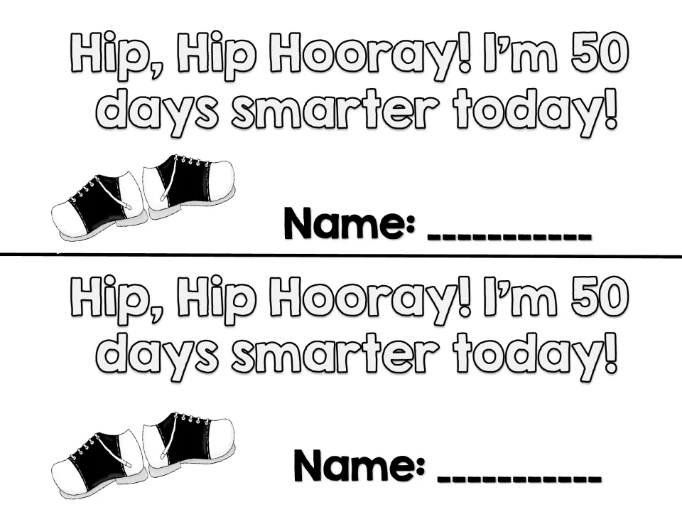 Mini book cover reading “Hip, Hip Hooray! I’m 50 days smarter today!” with a name prompt, printed twice