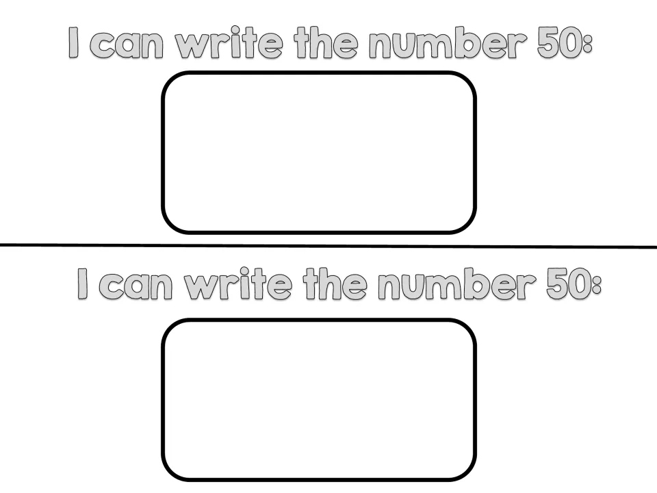 Mini book number-writing page with the prompt “I can write the number 50,” printed twice on the sheet